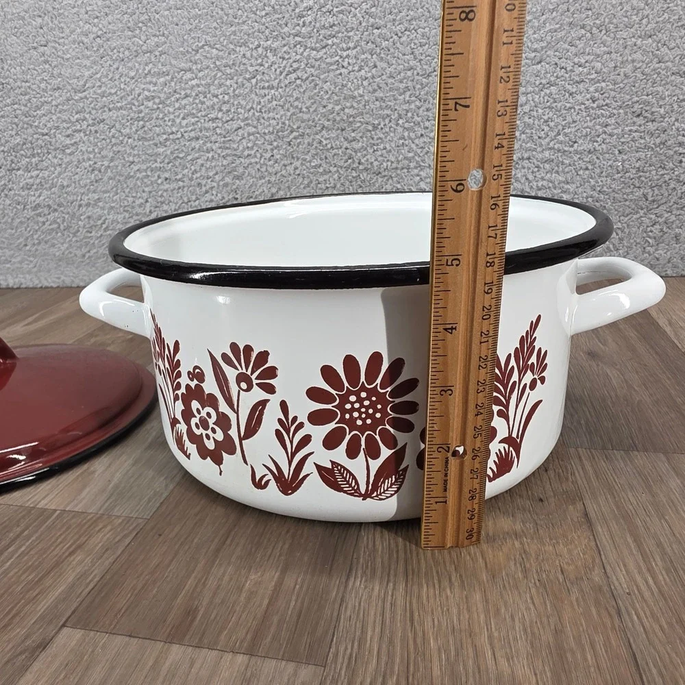 Vintage Floral Enamelware Stock Pot White Brown 24cm Retro Dutch Oven with Lid